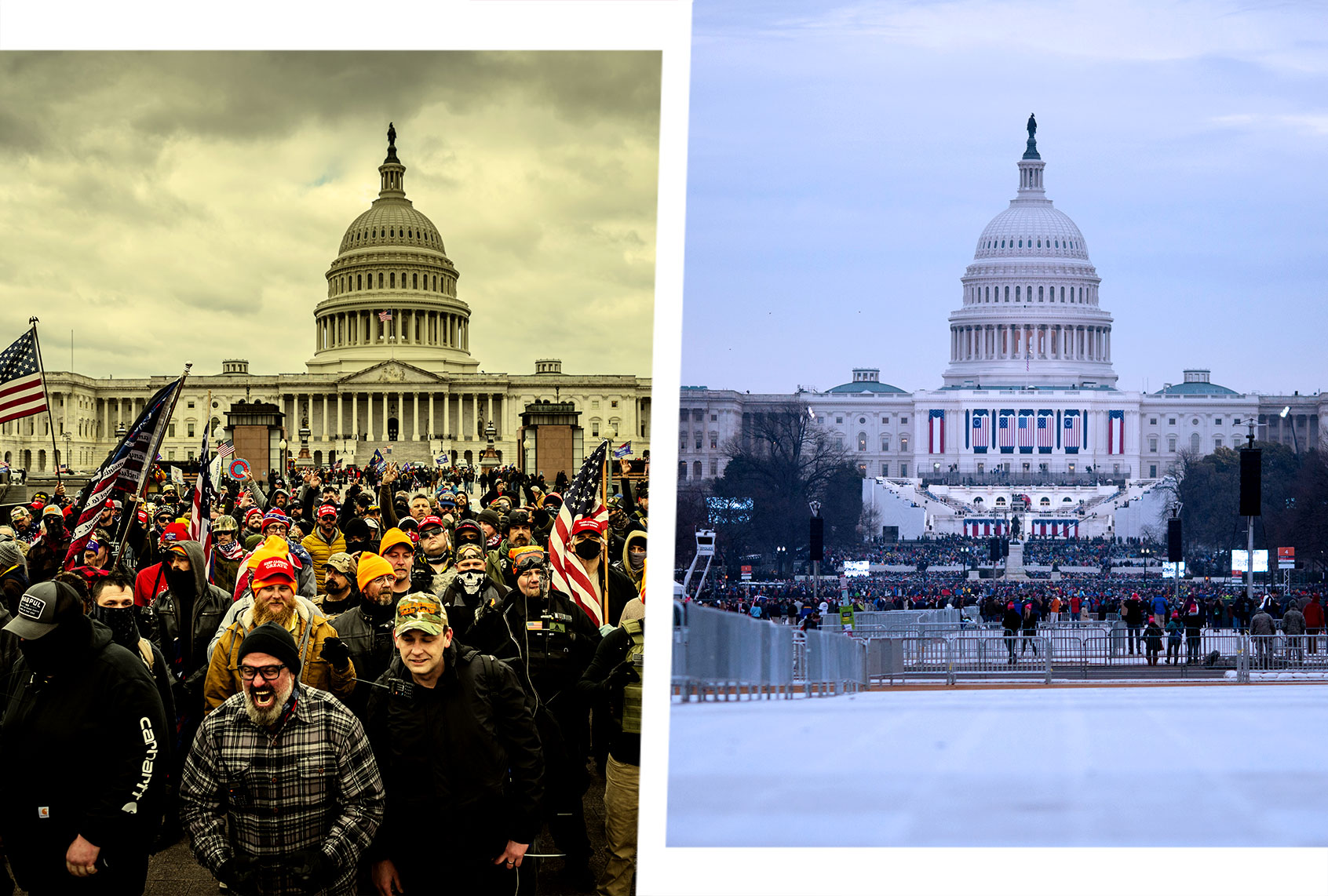 Pro-Trump protesters gather in front of the U.S. Capitol Building on January 6, 2021 in Washington, DC. A pro-Trump mob stormed the Capitol, breaking windows and clashing with police officers. | Protesters and supporters filter slowly through security onto the National Mall for the inauguration of Donald Trump on January 20, 2017 in Washington, DC. Today Trump is sworn in as the 45th president of the United States. (Photo illustration by Salon/Getty Images)