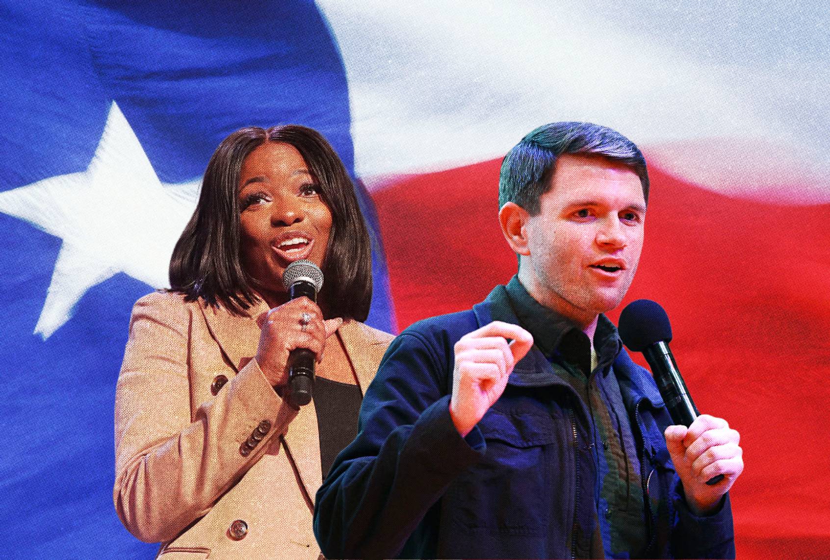 Democratic candidates Jasmine Crockett and James Talarico, who are competing for their party’s nomination in the Texas U.S. Senate primary ahead of the 2026 general election. (Photo illustration by Salon / Getty Images / John Medina / Richard Rodriguez)