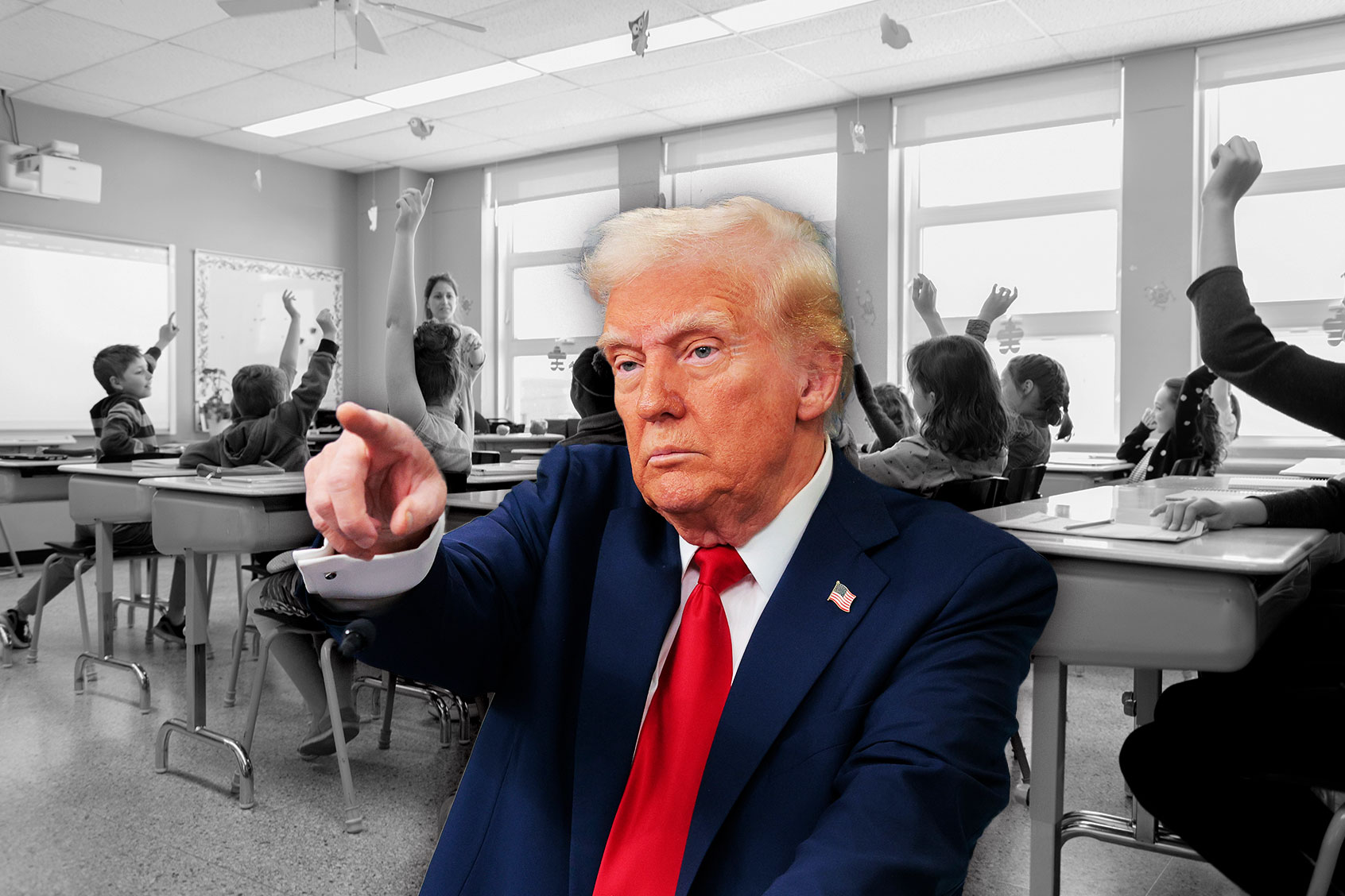 Donald Trump and a school classroom full of kids (Photo illustration by Salon/Getty Images)
