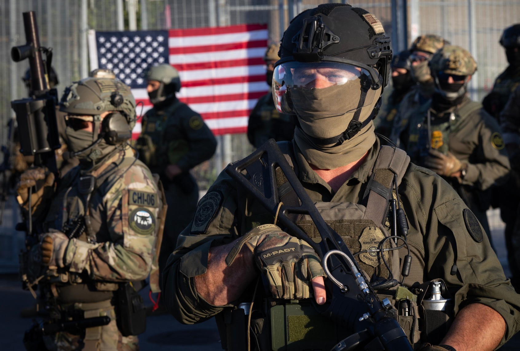 Federal law enforcement agents confront demonstrators protesting outside of an immigrant processing center on September 27, 2025 in Broadview, Illinois. (Scott Olson/Getty Images)
