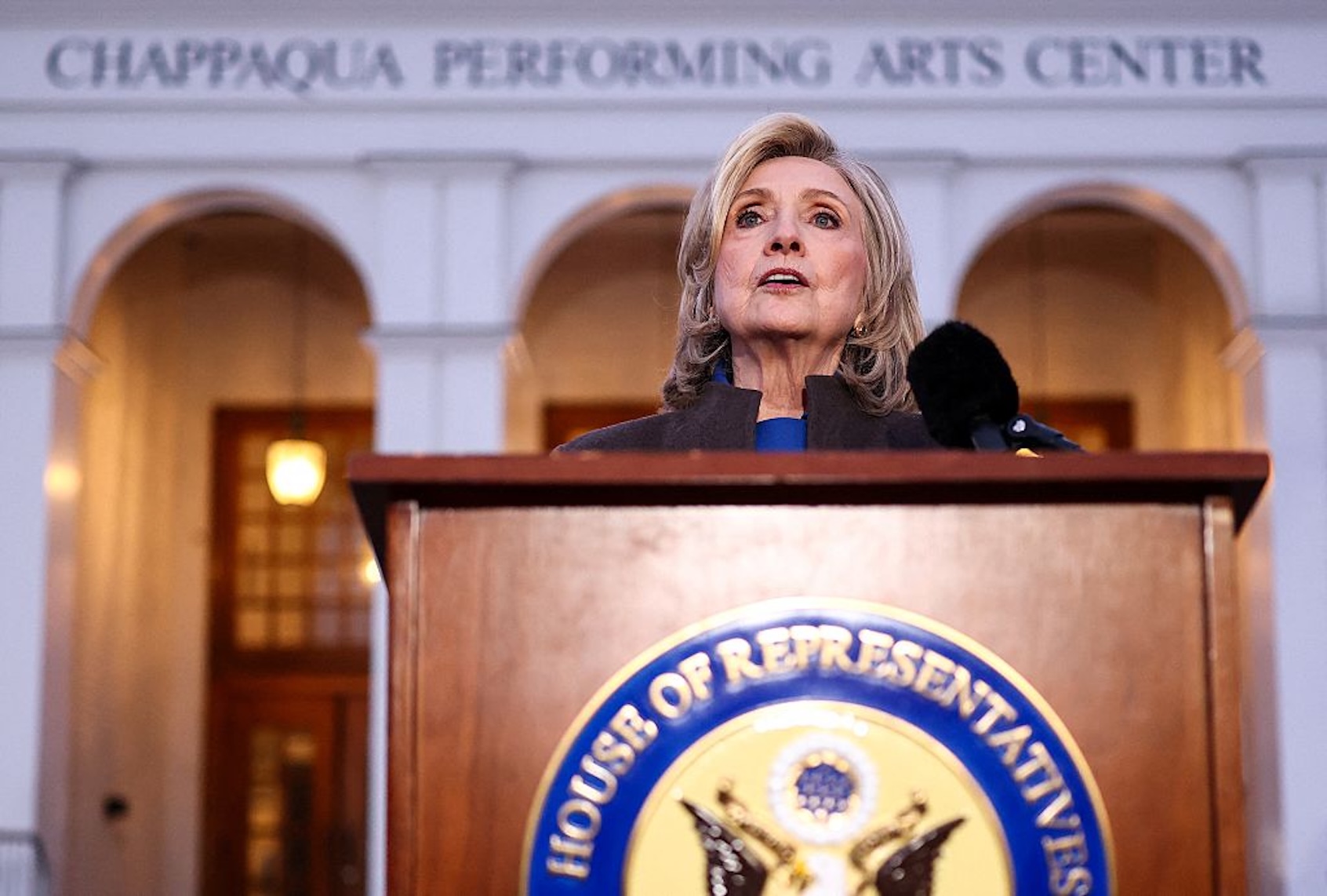 Former Secretary of State Hillary Clinton speaks to the press after her deposition with the House Oversight Committee as they investigate links to convicted sex offender Jeffrey Epstein (David Dee Delgado/Getty Images)