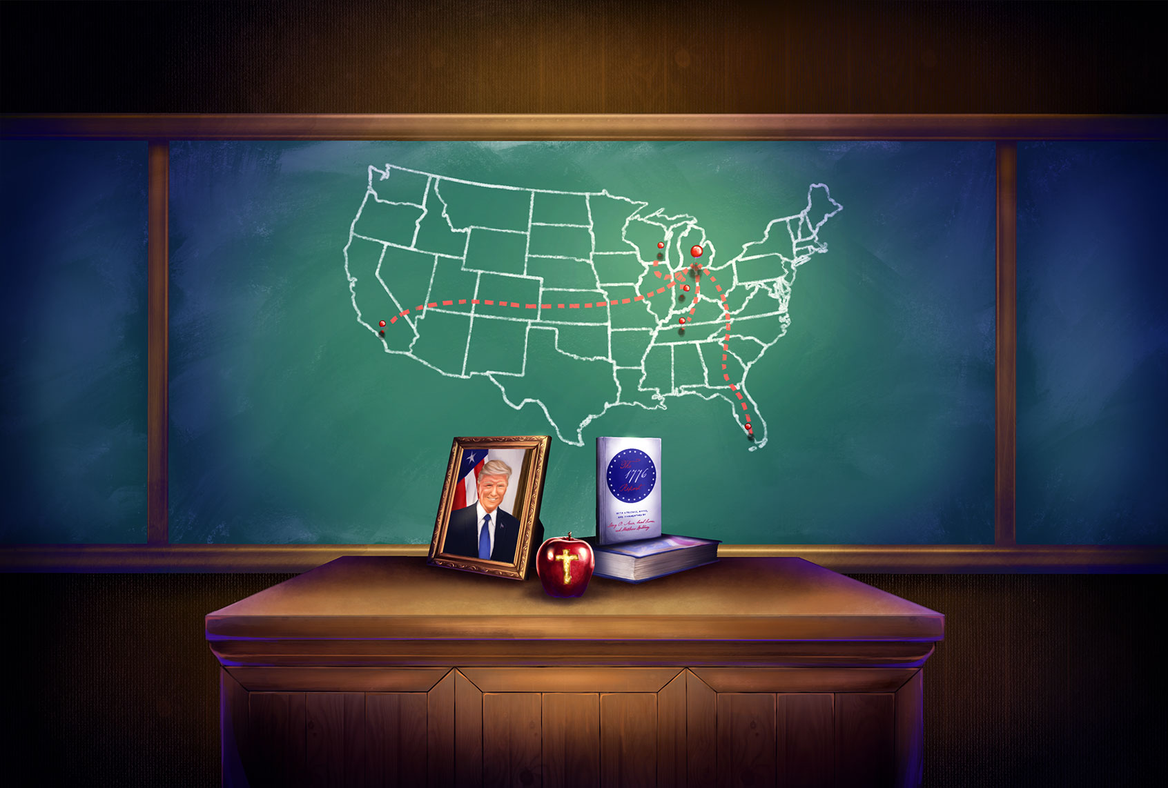 A Chalkboard with a map of the continental USA, with pins leading toward Hillsdale associated schools, and a desk with a portrait of Donald Trump, a copy of The 1766 Report, and an apple with a cross carved into it. (Illustration by Ilana Lidagoster/Salon)