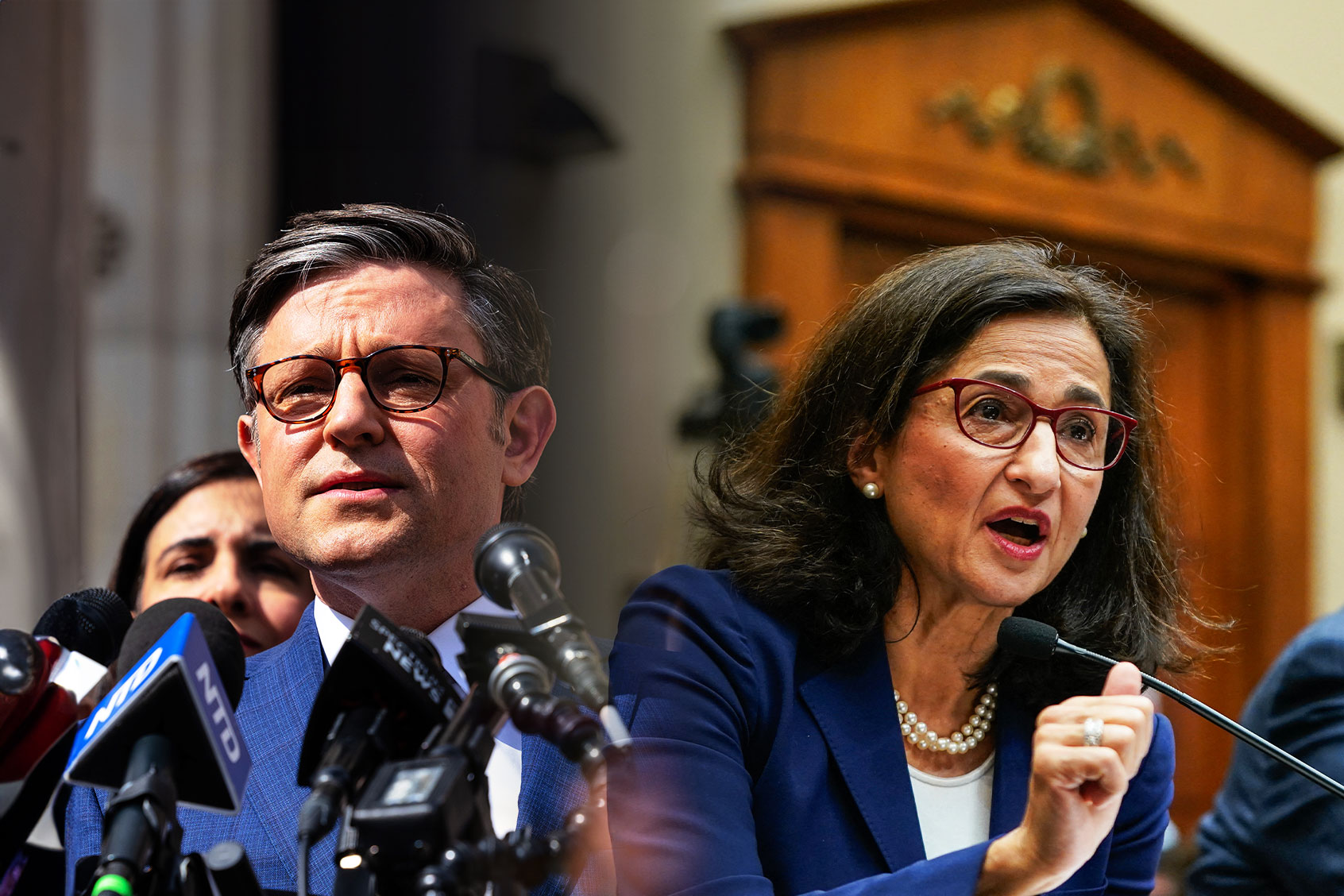 Speaker of the House Mike Johnson (R-LA) | President of Columbia University Dr. Nemat (Minouche) Shafik (Photo illustration by Salon/Getty Images)