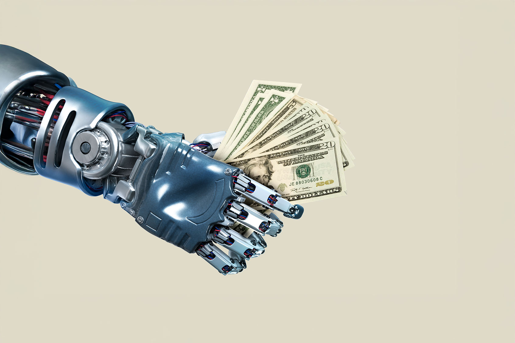 Robot hand holding cash (Getty Images/Paper Boat Creative)