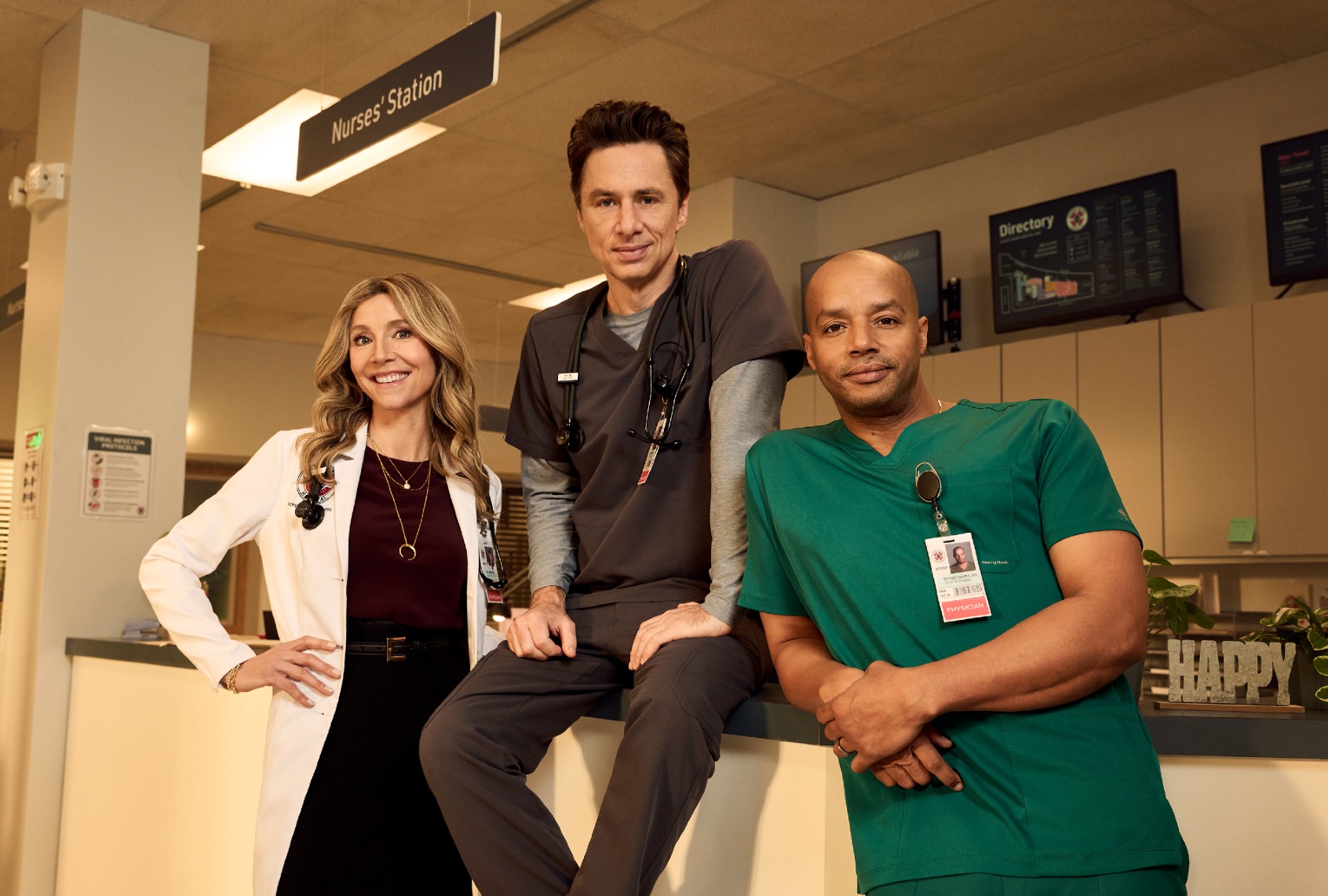 Sarah Chalke as Elliot Reid, Zach Braff as John “J.D.” Dorian and Donald Faison as Christopher Turk in "Scrubs" (Disney/Brian Bowen Smith)