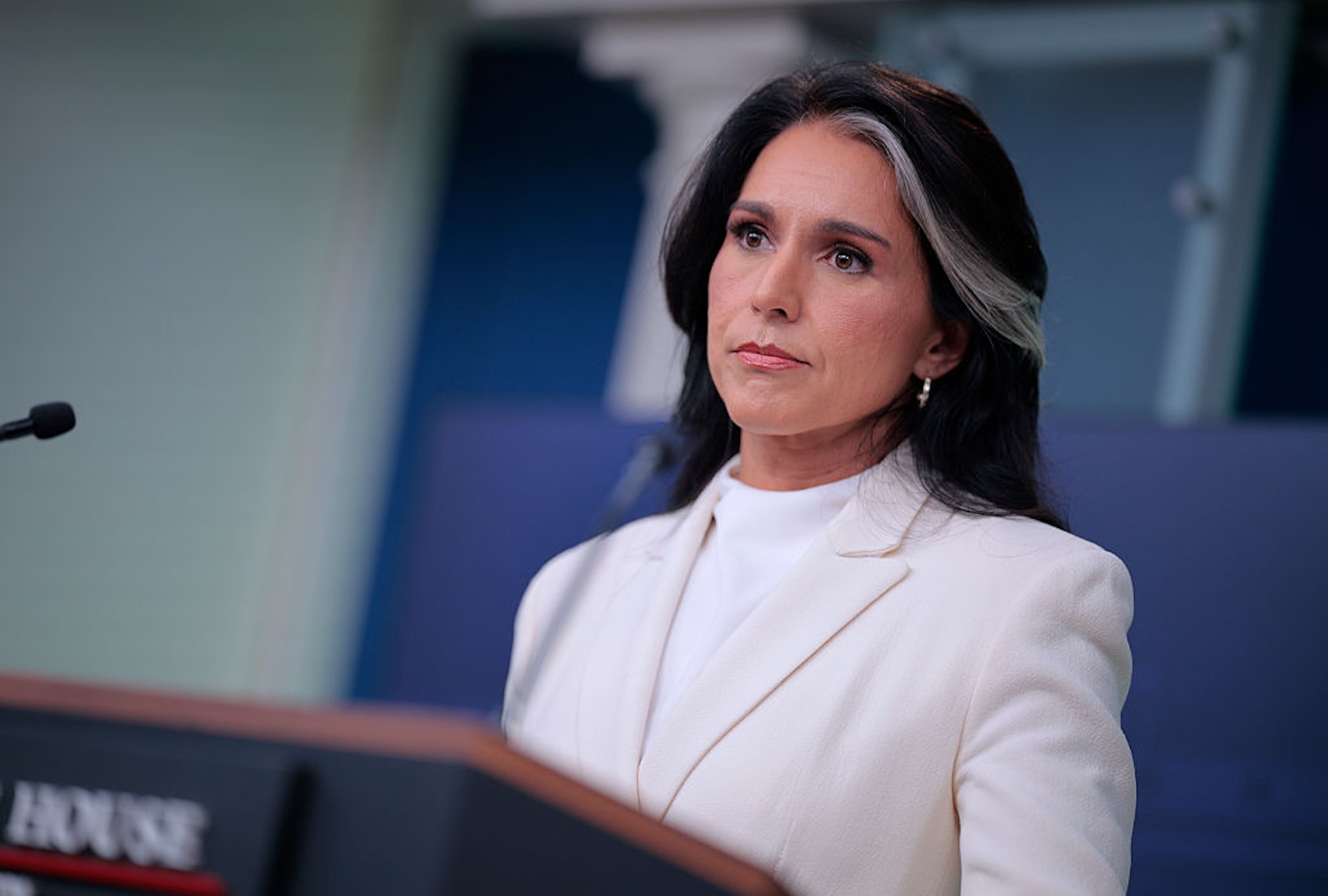Director of National Intelligence Tulsi Gabbard talks to reporters at the White House on July 23, 2025. (Chip Somodevilla/Getty Images)